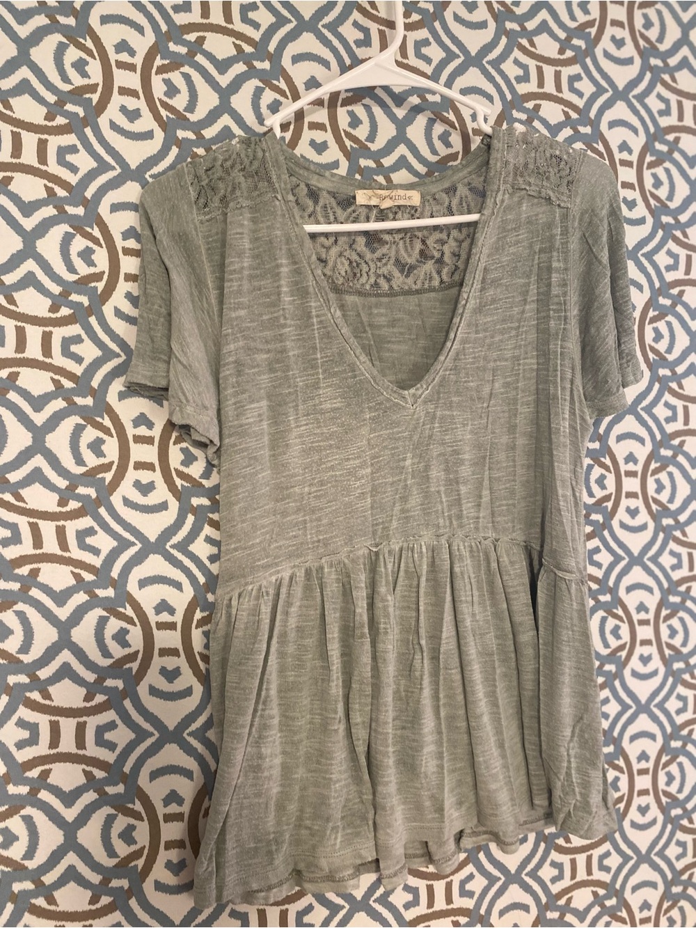 Rewind Sage Green V-Neck Lace-Back Peplum Tunic
